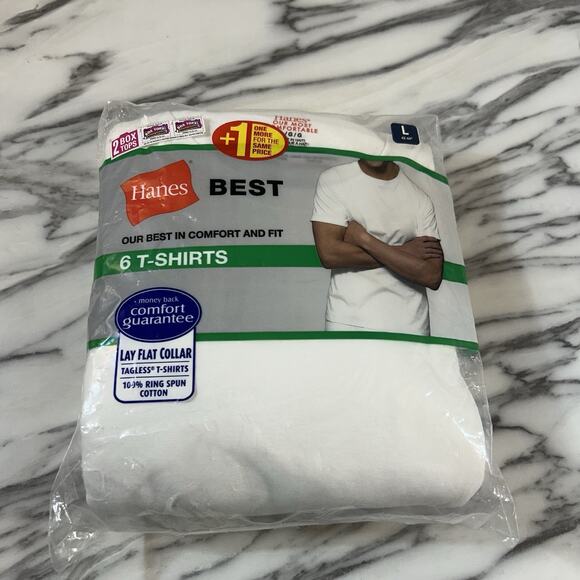 Hanes White T-shirts Men’s Size Large Lot of 6 NEW Tables Crewneck - Picture 1 of 4